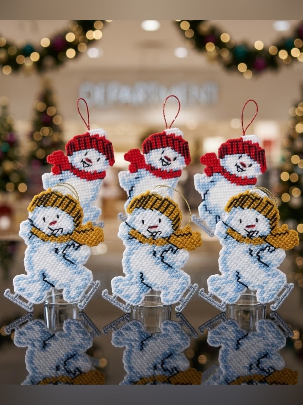 Vintage Handmade Ice Skating Snowman Christmas Ornaments Set of 6 Needlepoint
